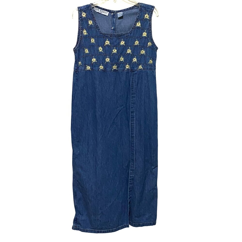 Jane‎ Ashley Petite Denim Jumper Maxi Dress PL Embroidered Y2K Faux Wrap Modest